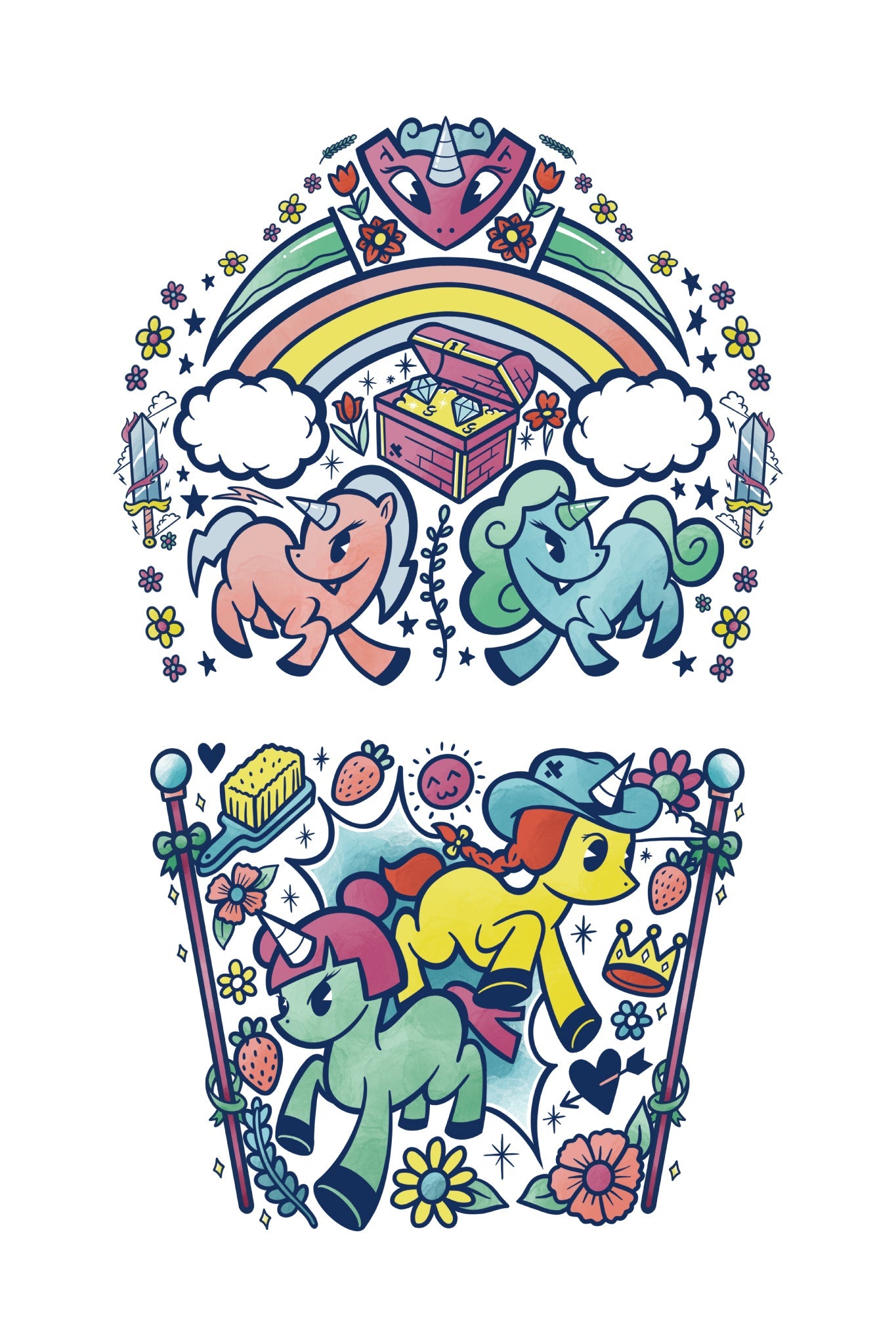 Unicorn temporary kids tattoo sleeve with rainbow crown, full colorful design