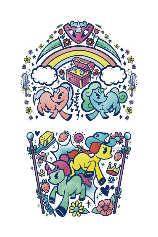 Unicorn temporary kids tattoo sleeve with rainbow crown, full colorful design