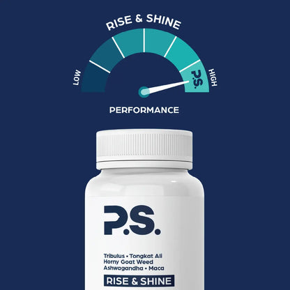 Dietary supplement bottle with P.S. performance chart and Rise & Shine label