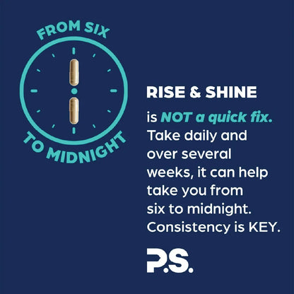 Dietary supplement graphic with two capsules and Rise & Shine text: take daily