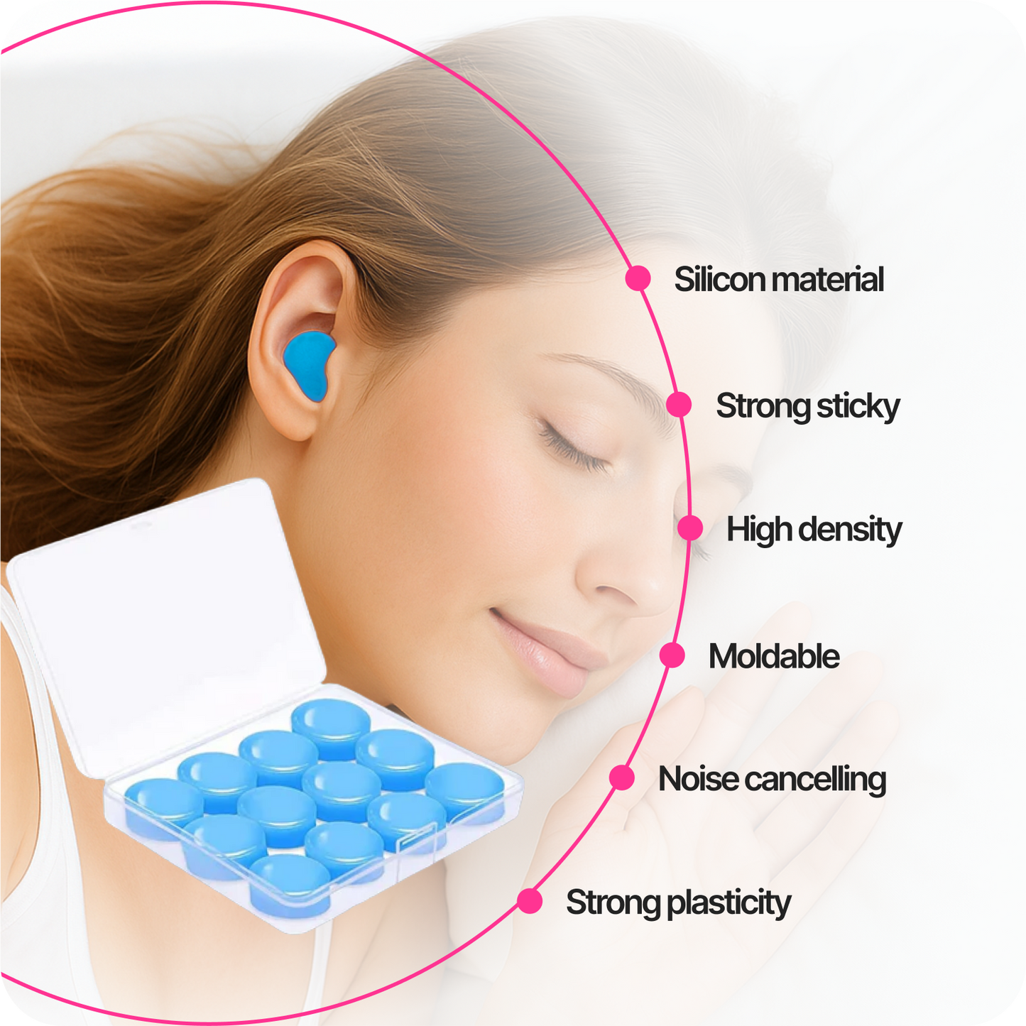 Blue silicone earplug worn in a woman’s ear during sleep, with feature callouts