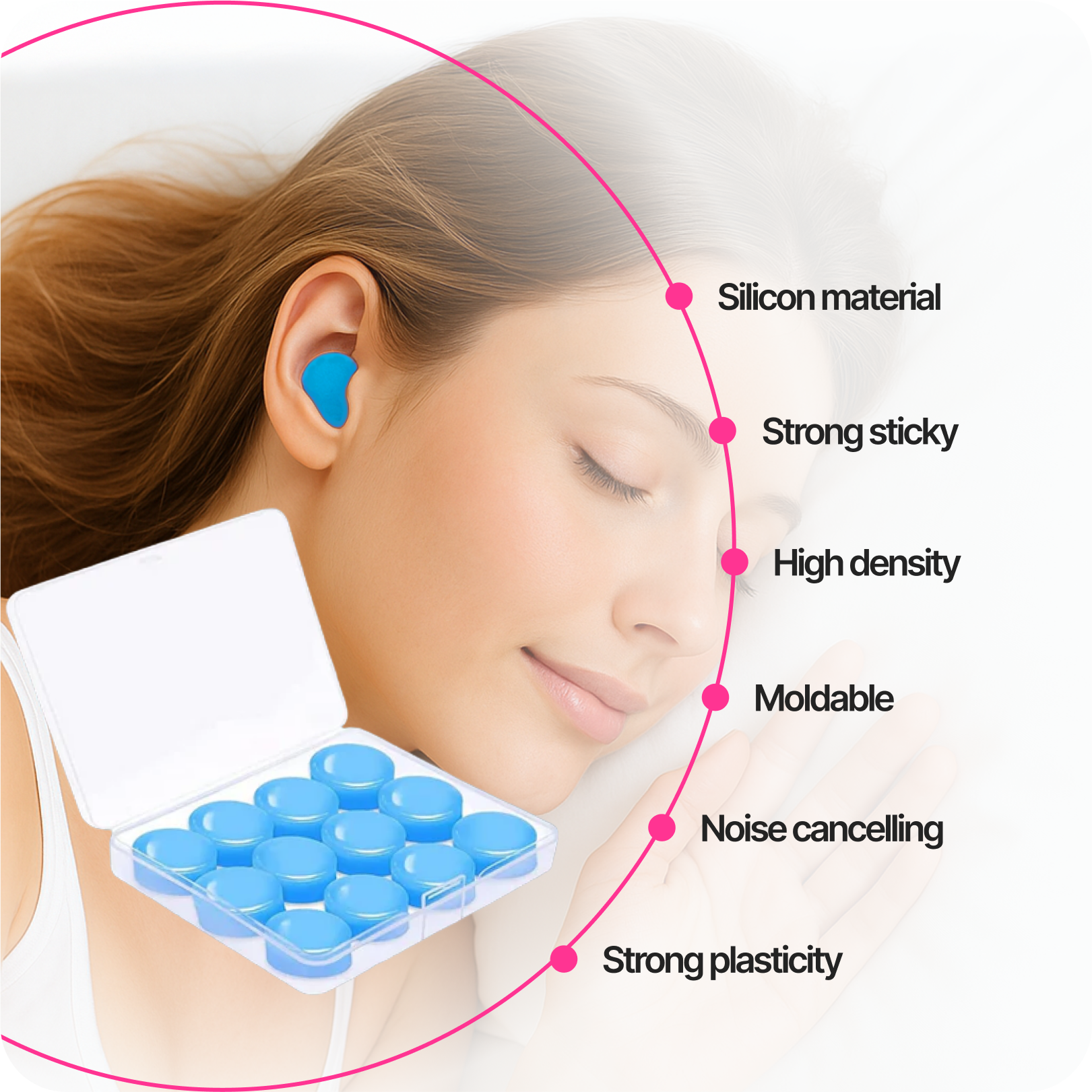 Blue silicone earplug worn in a woman’s ear during sleep, with feature callouts