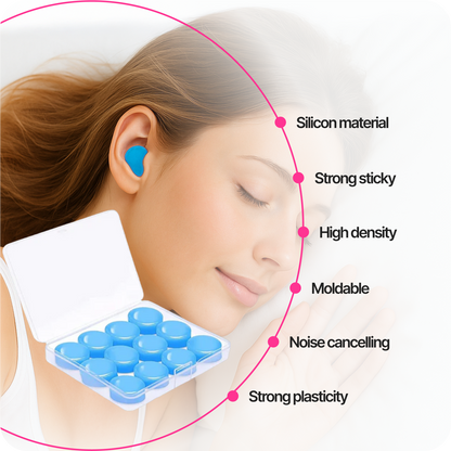 Blue silicone earplug worn in a woman’s ear during sleep, with feature callouts