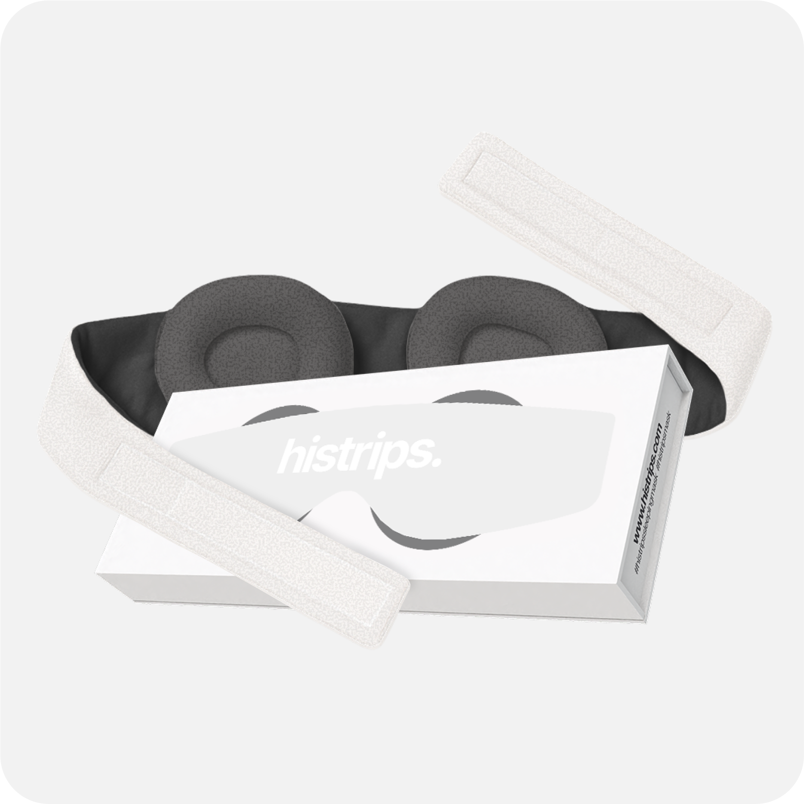 Eclipse sleep mask with contoured dark fabric panels and adjustable strap