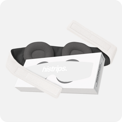 Eclipse sleep mask with contoured dark fabric panels and adjustable strap