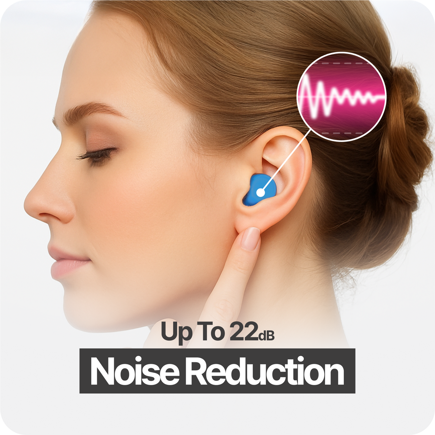 Side profile of a woman wearing a blue earplug, with noise reduction graphic