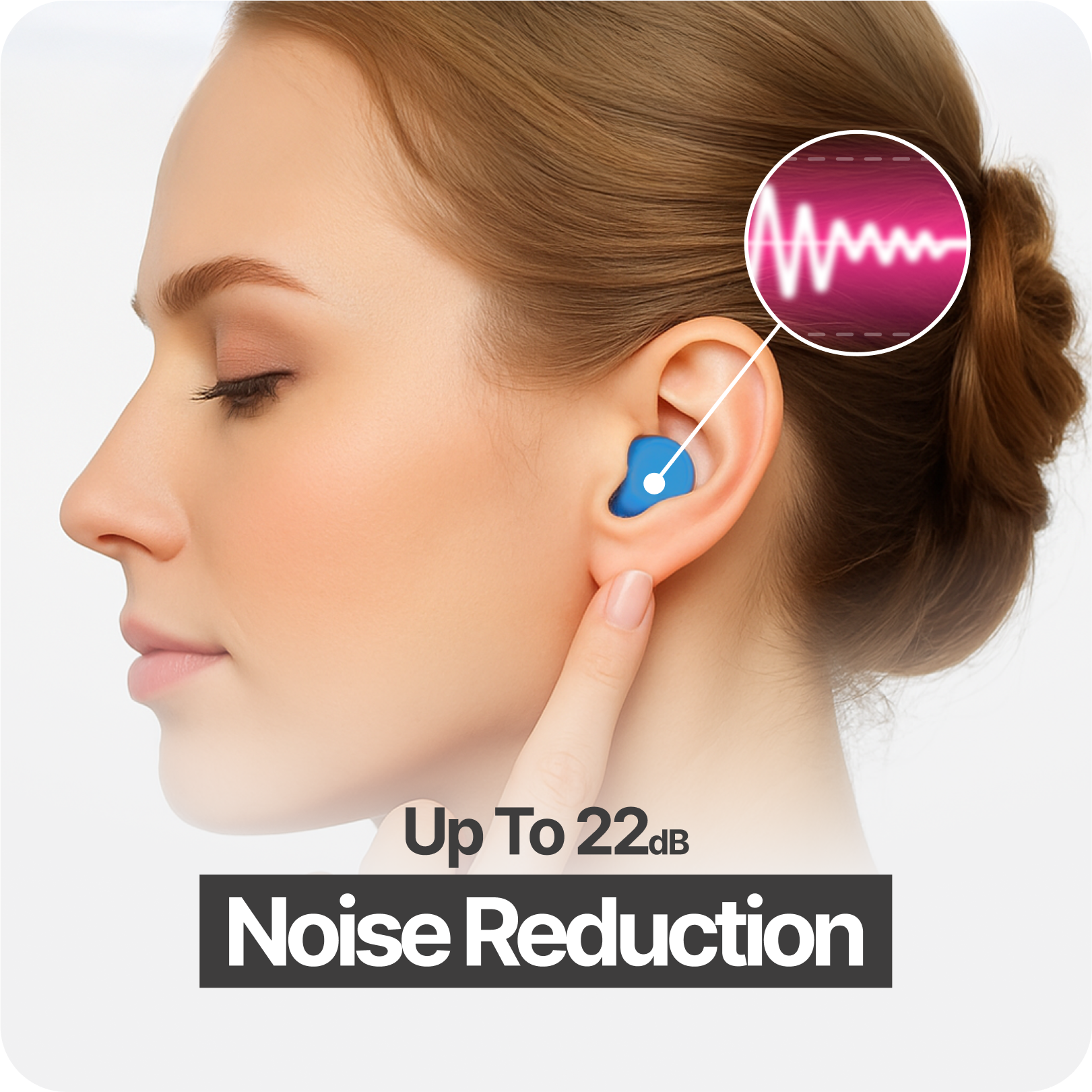 Side profile of a woman wearing a blue earplug, with noise reduction graphic