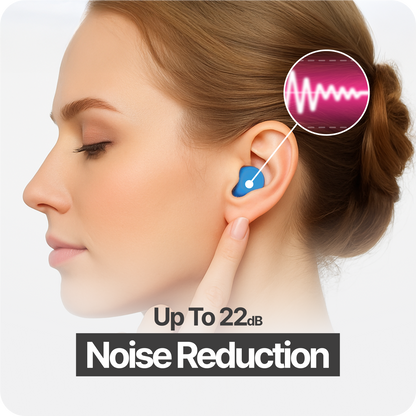 Side profile of a woman wearing a blue earplug, with noise reduction graphic