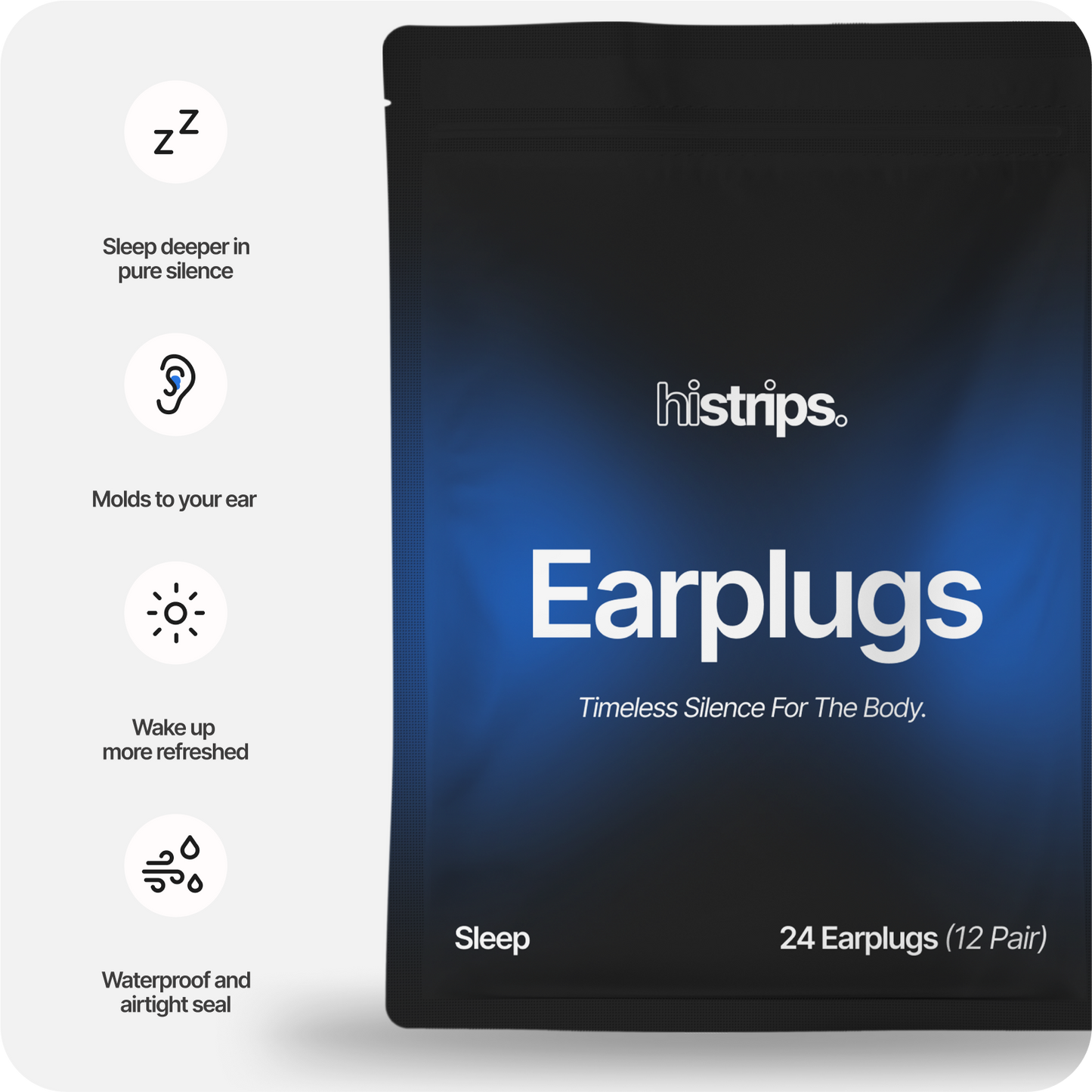 HiStrips Earplugs pouch with blue earplugs shown beside it