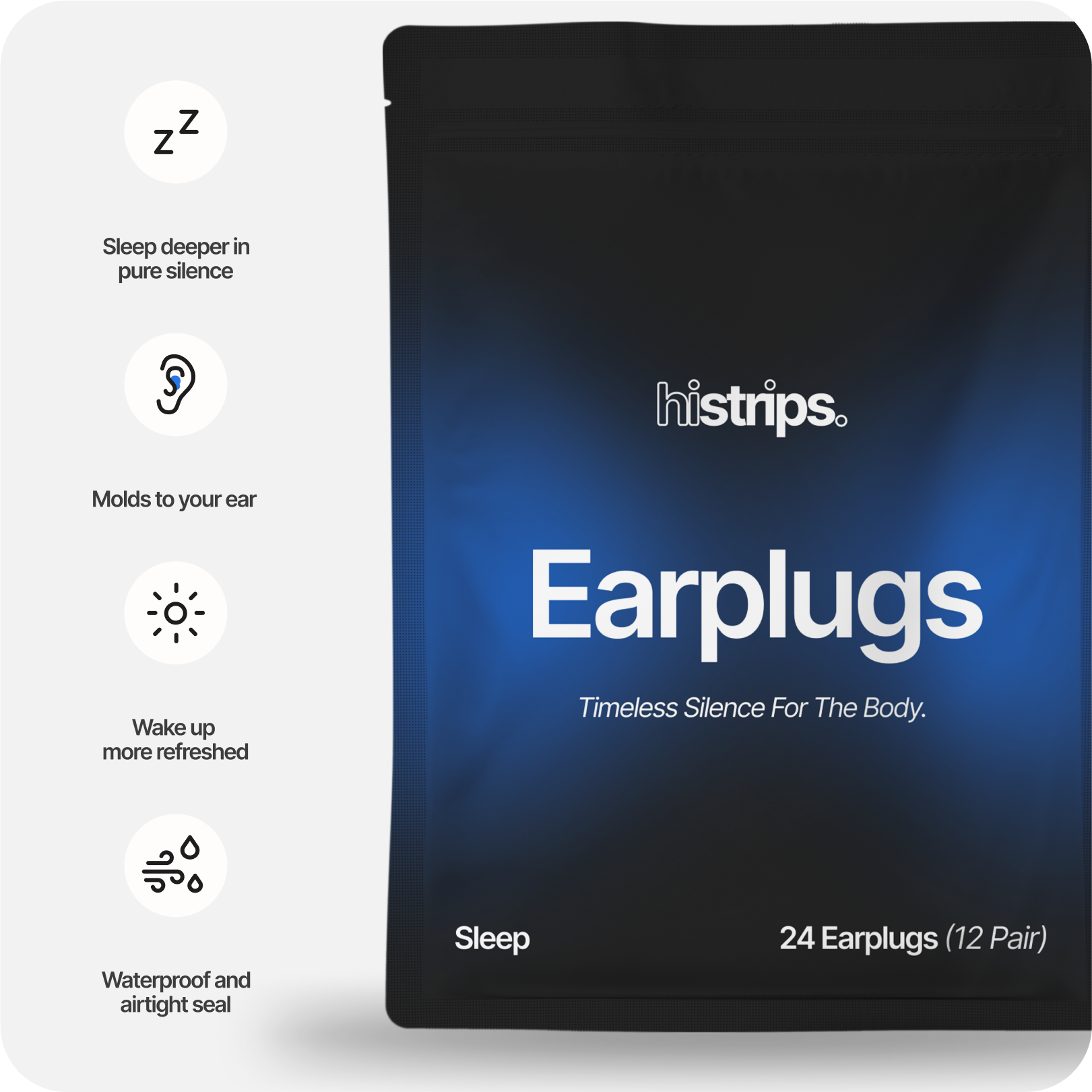 HiStrips Earplugs pouch with blue earplugs shown beside it