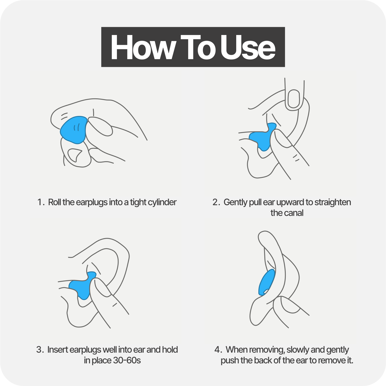 Earplugs how-to-use diagram showing four steps for inserting and removing