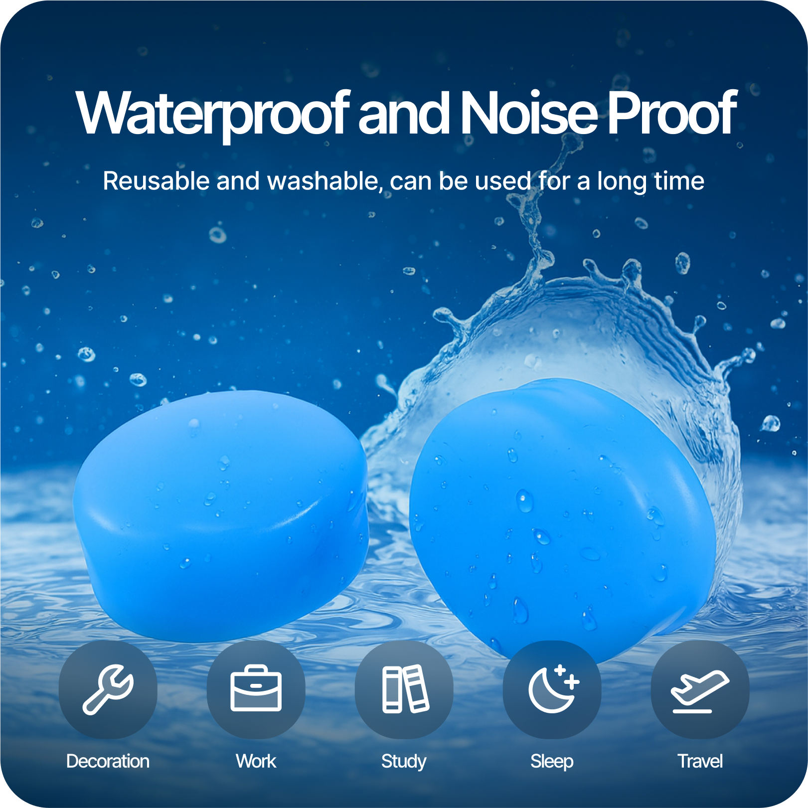 Two blue reusable earplugs floating in water splash