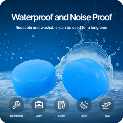 Two blue reusable earplugs floating in water splash