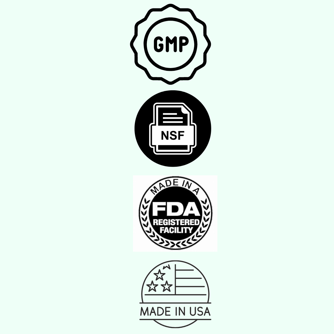 Quality certification icons: GMP, NSF, FDA registered, made in USA