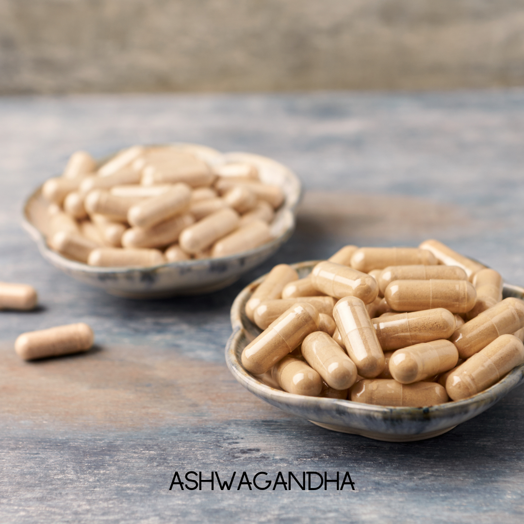 Ashwagandha supplement capsules in bowls, with loose capsules around them