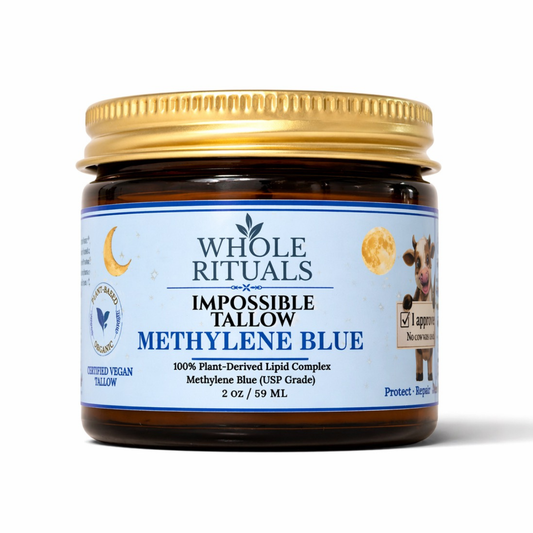Moisturizer jar with gold lid, dark amber glass, and blue product label