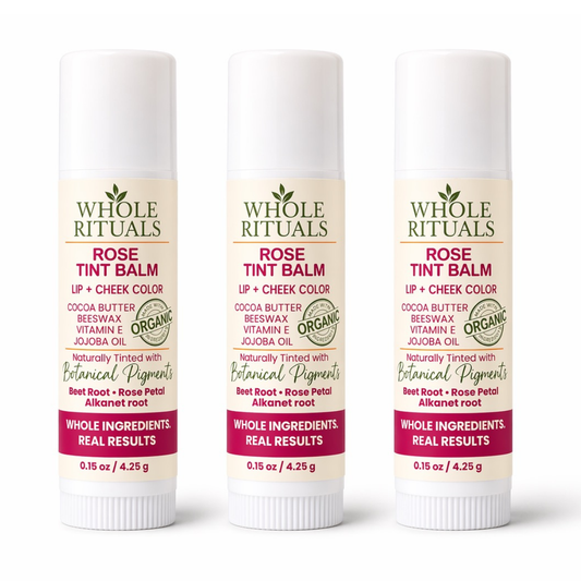 Rose tint balm stick for lips and cheeks, botanical rose petal color, organic ingredients