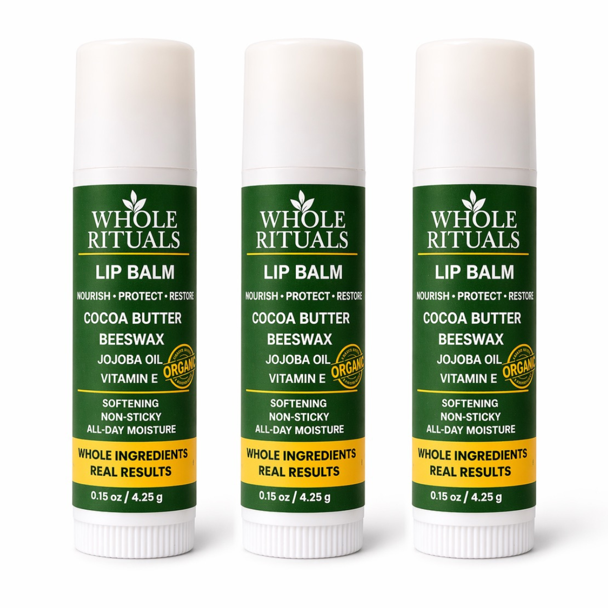 Whole Rituals cocoa butter lip balm stick in white tube, green label