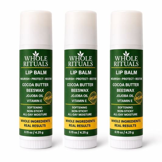 Whole Rituals cocoa butter lip balm stick in white tube, green label