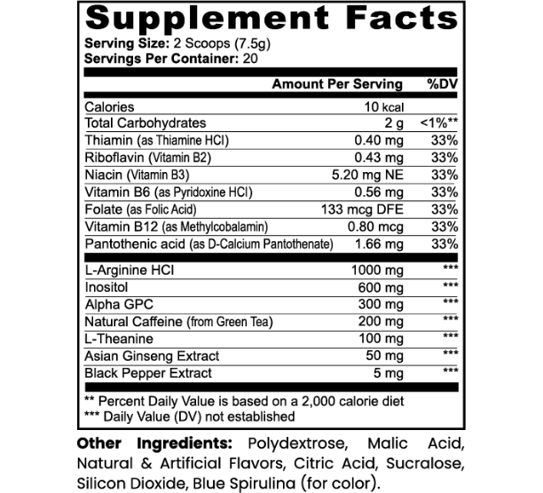 Supplement Facts label with serving size 2 scoops (7.5 g) and daily values table