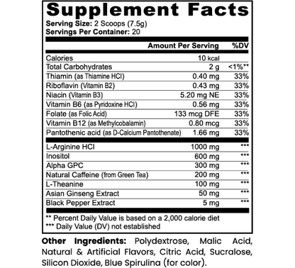 Supplement Facts label with serving size 2 scoops (7.5 g) and daily values table