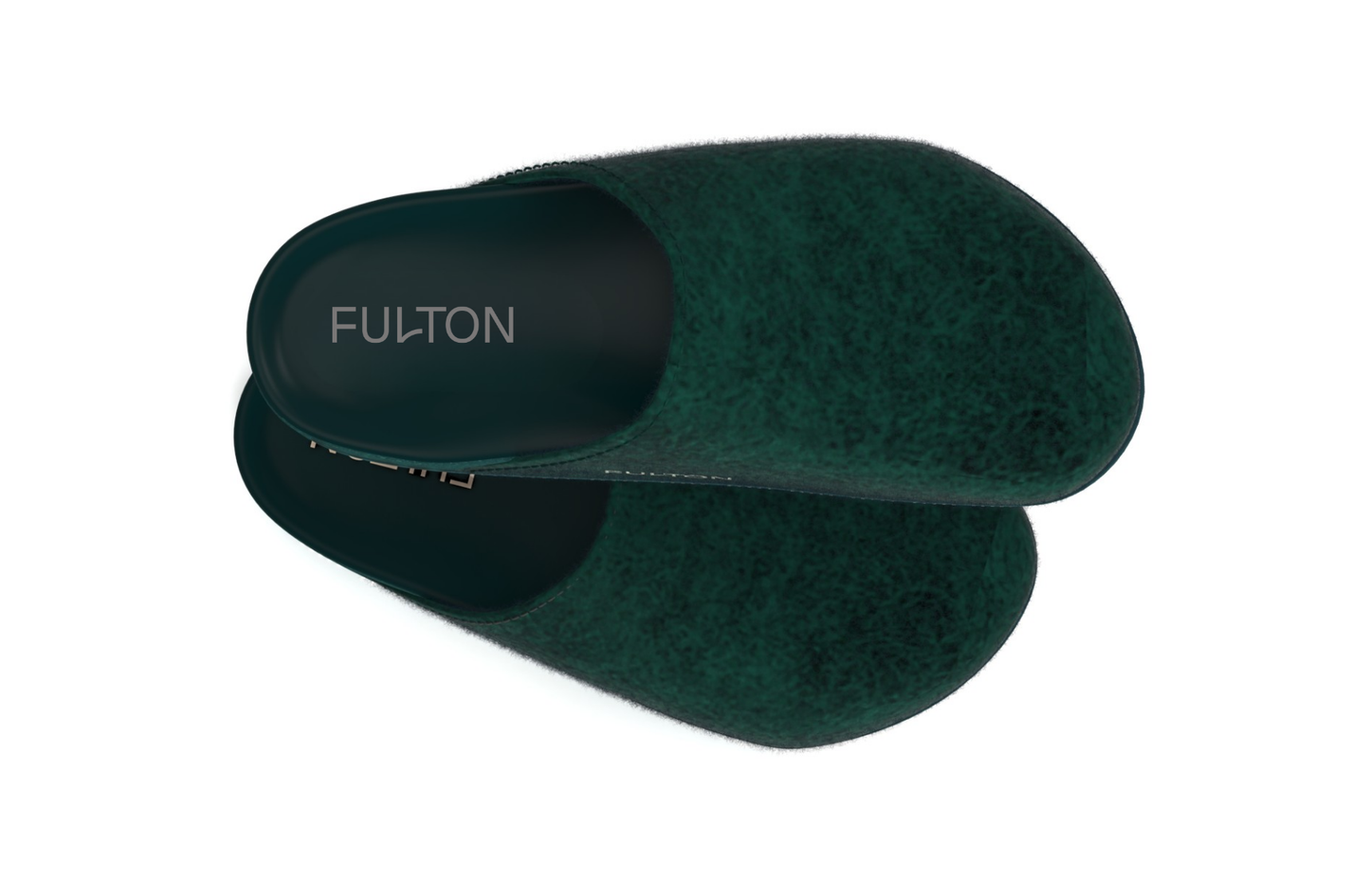 Forest green suede house slippers, side view with FULTON logo on insole.