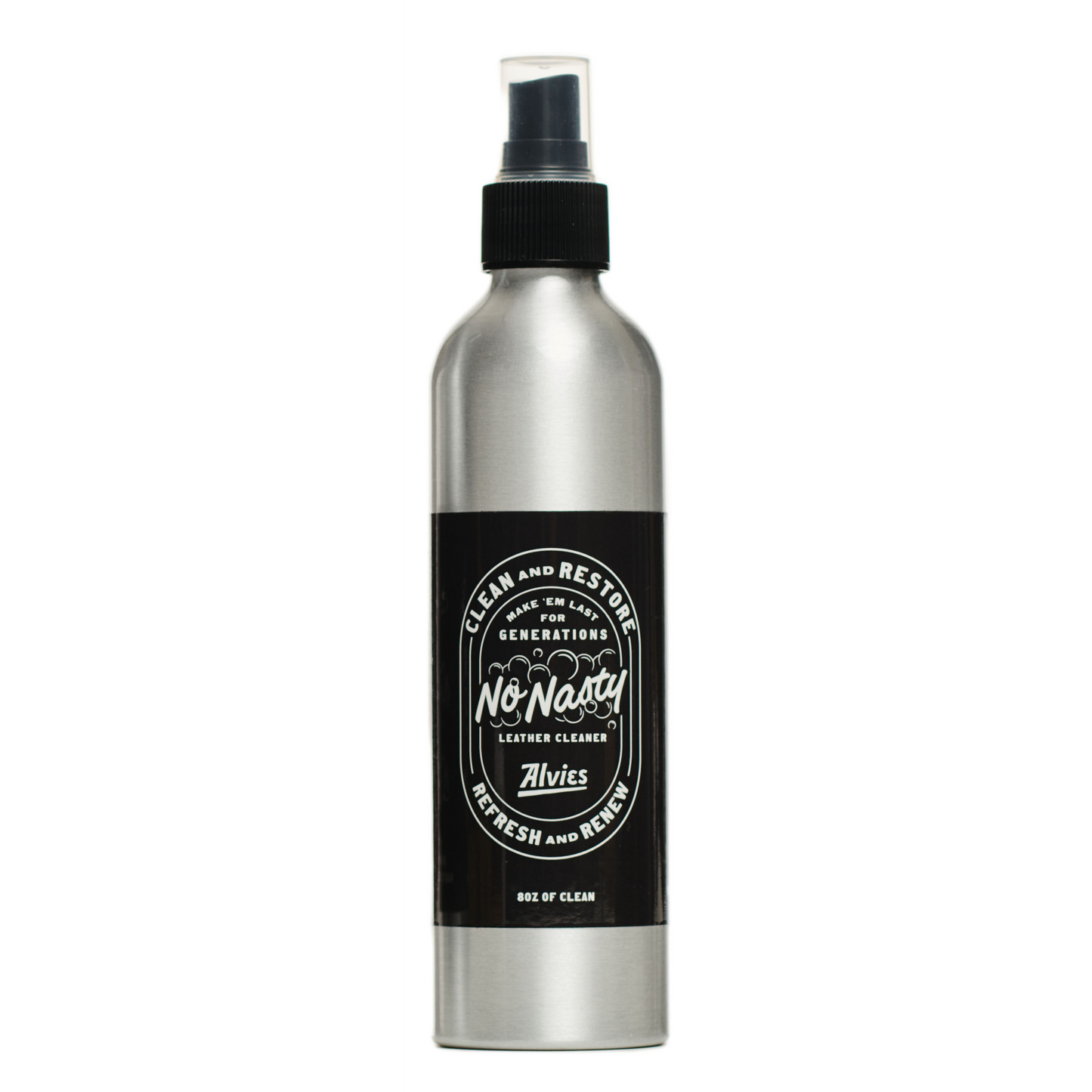 No Nasty leather cleaner bottle with black spray top, metal body