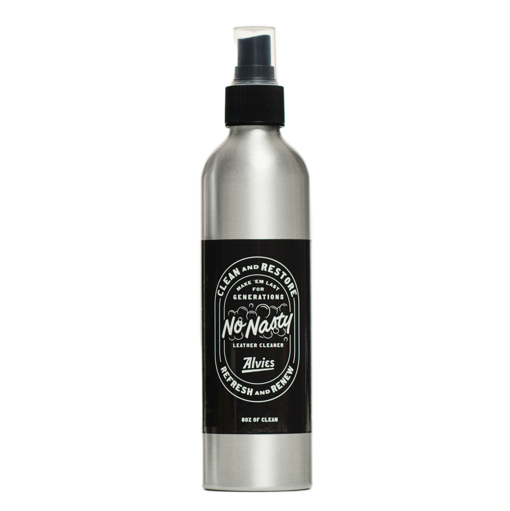 No Nasty leather cleaner bottle with black spray top, metal body