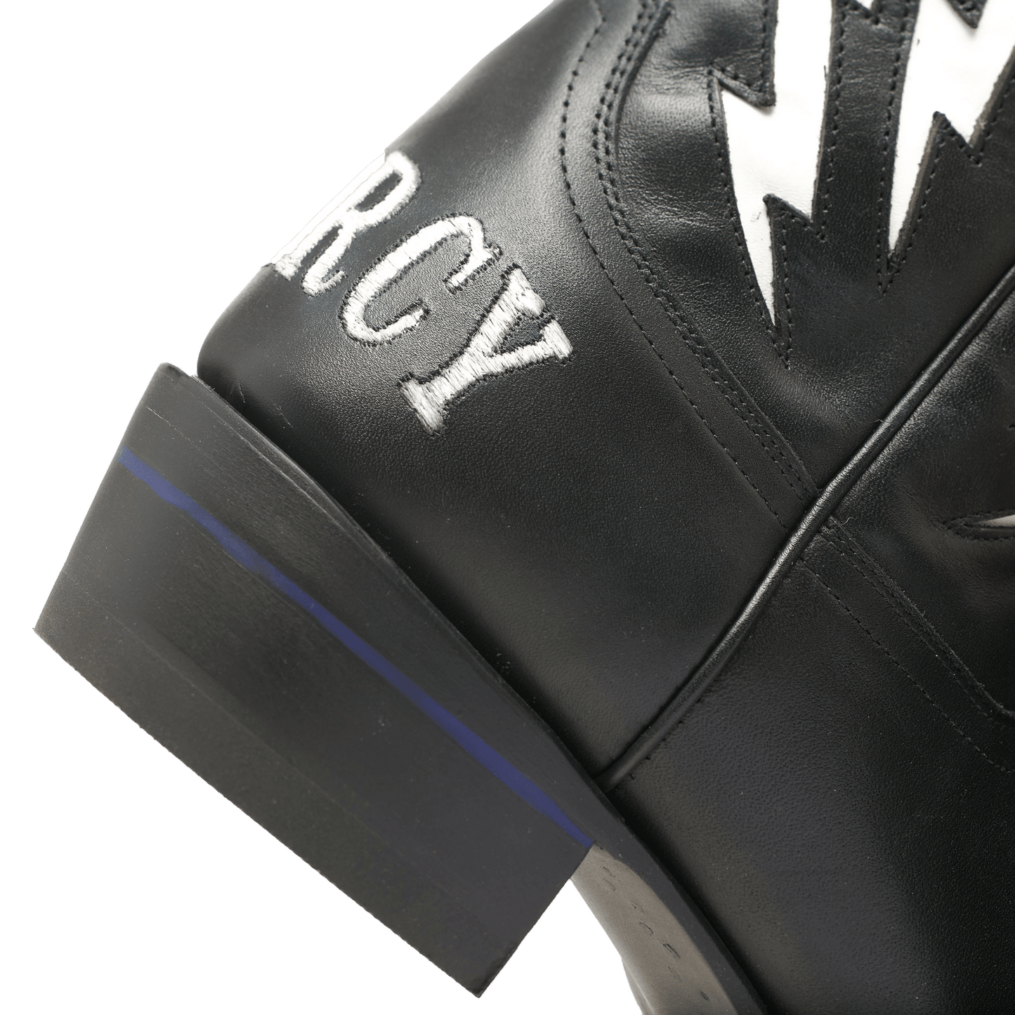 THE BFG II highboy cowboy boots, black leather with blue-trim sole edge and logo