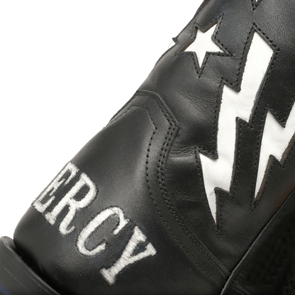 Black boot shaft with white lightning and star embroidery detail