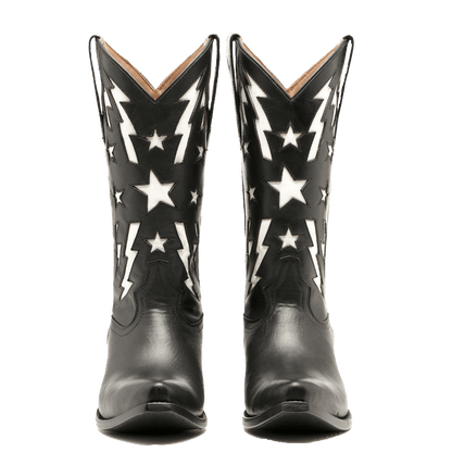 Back view of black cowboy boots with white star and lightning embroidery