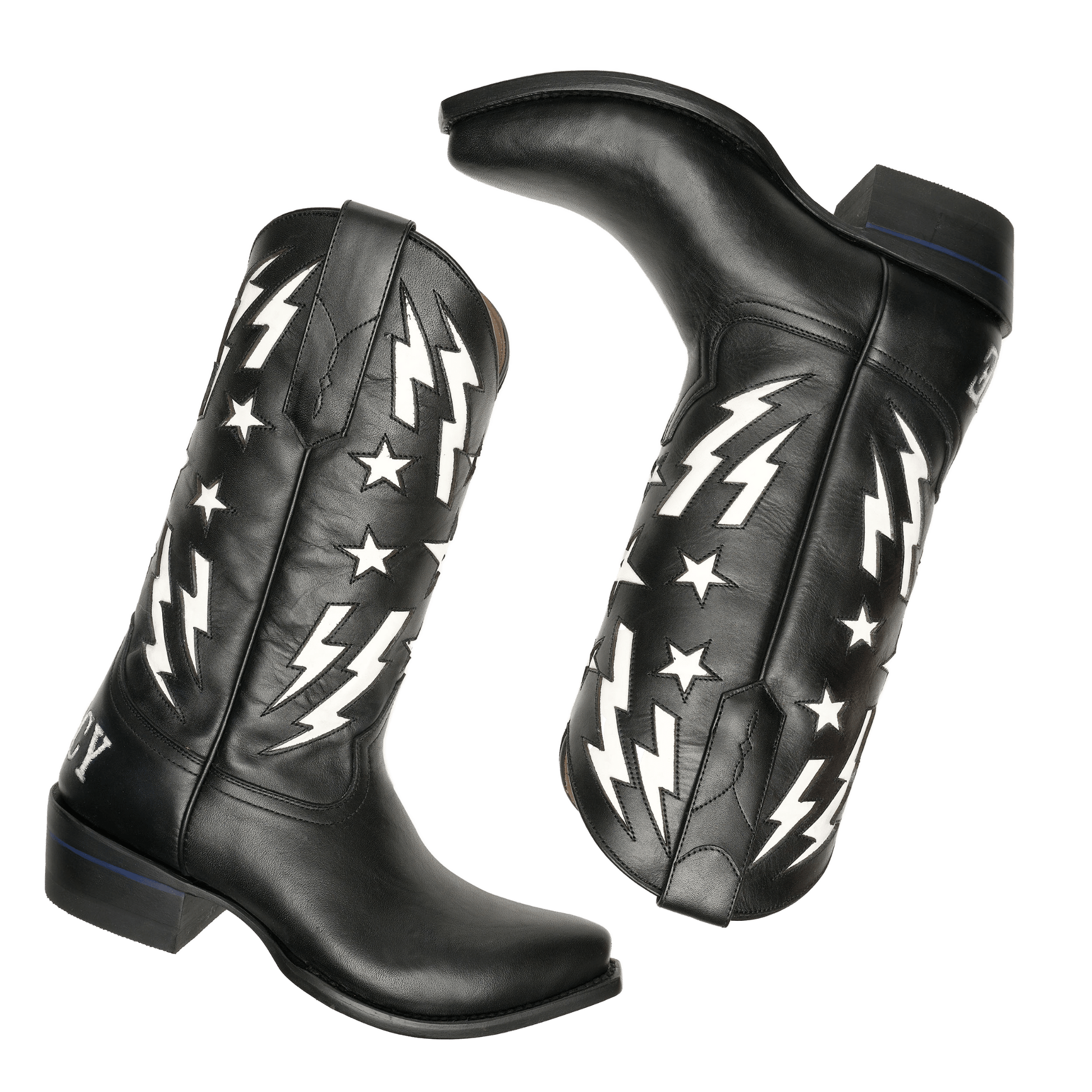 THE BFG II cowboy boots, black leather with lightning and star graphic panels
