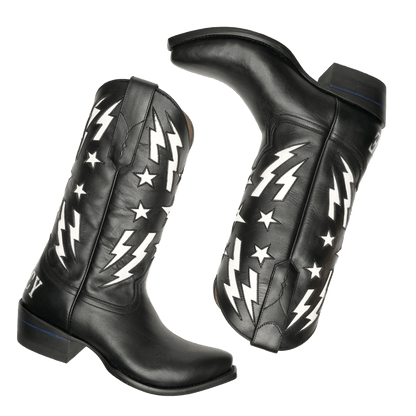 THE BFG II cowboy boots, black leather with lightning and star graphic panels
