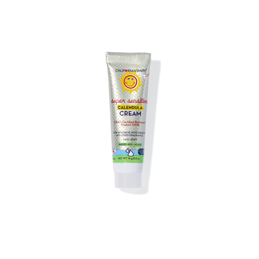Calendula cream tube with yellow sun logo and green label stripe, face and body