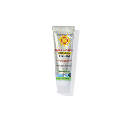 Calendula cream tube with yellow sun logo and green label stripe, face and body