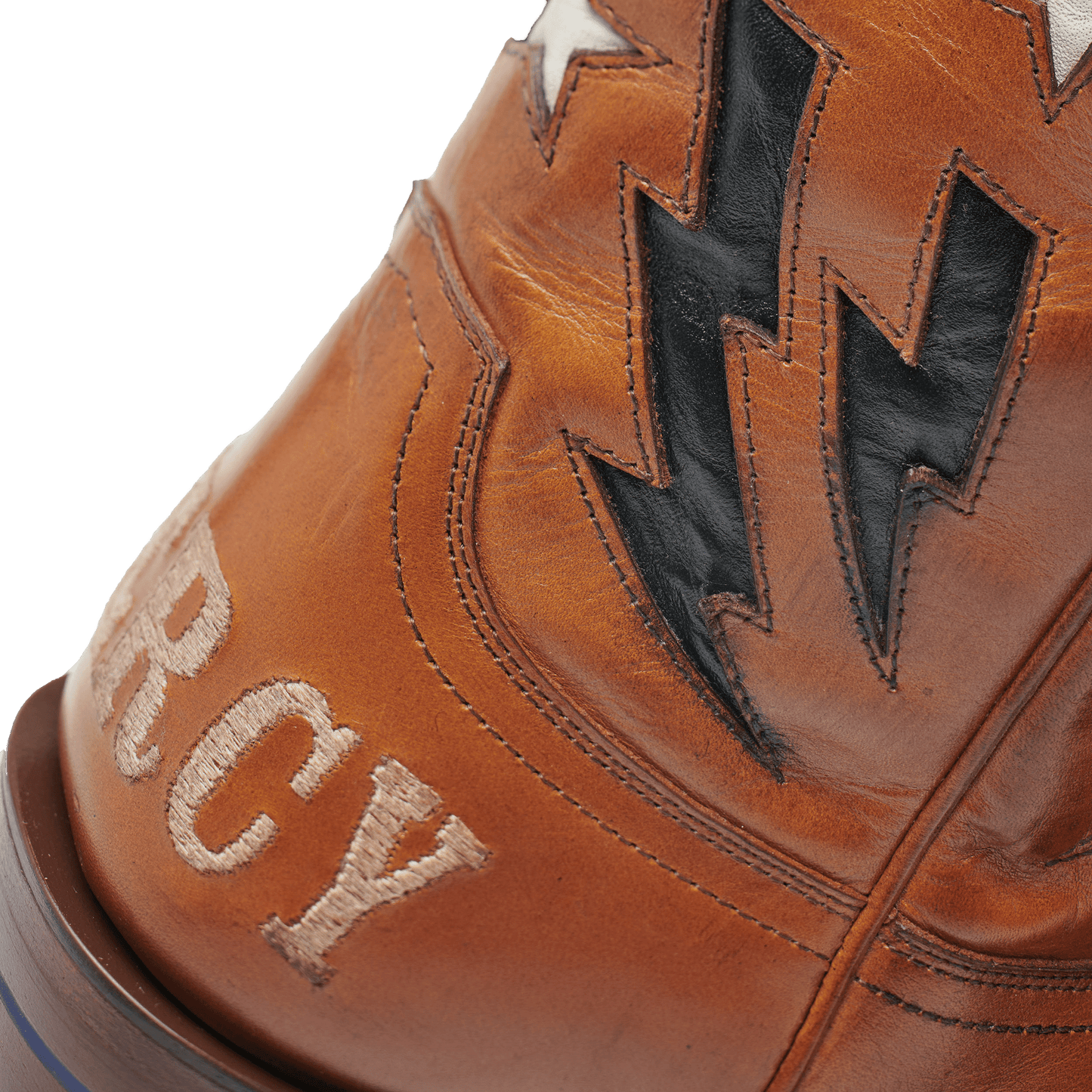 THE BFG II cowboy boots, tan leather with black lightning paneling and HAVIES stitching