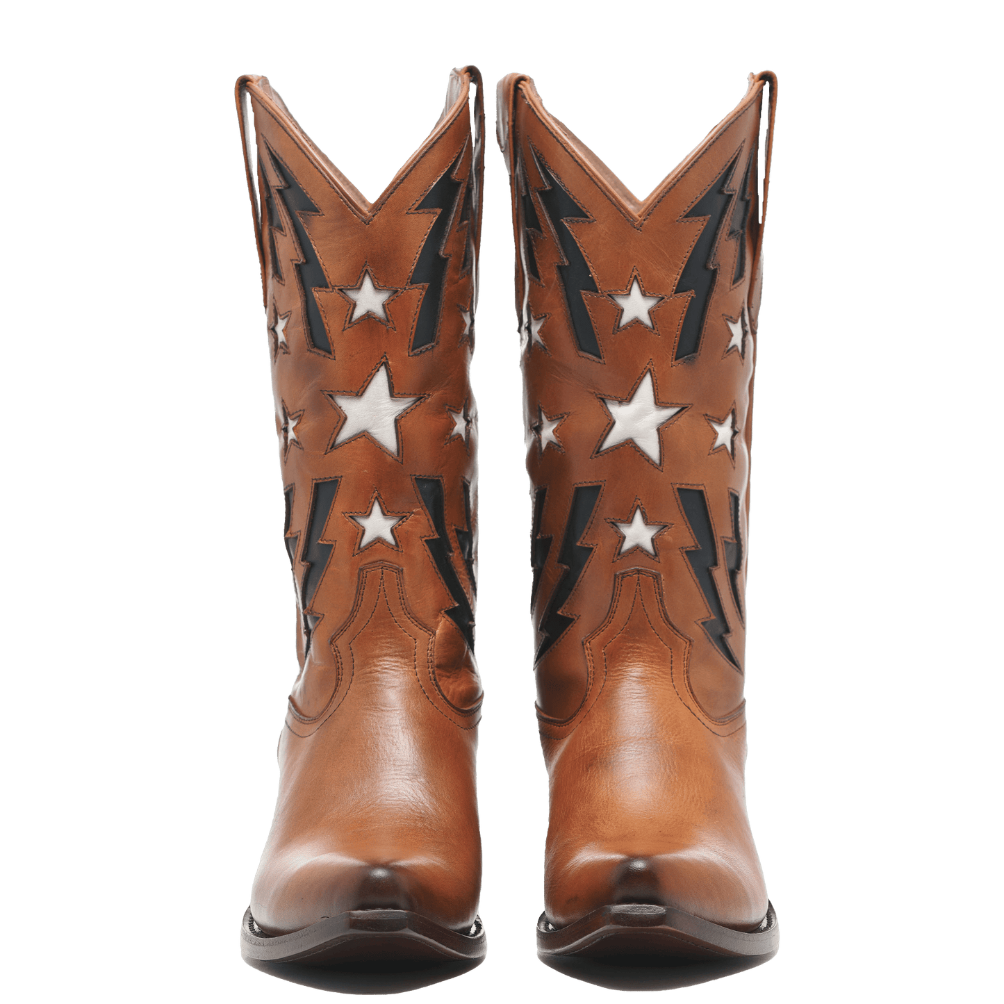 THE BFG II western boots, tan leather with black lightning and star motifs