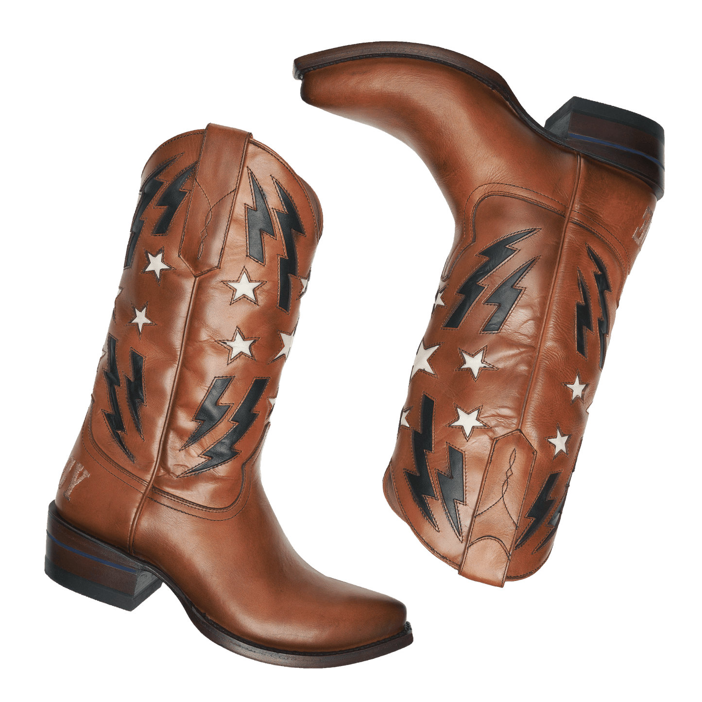 Pair of brown cowboy boots with star-and-lightning stitching and low block heel