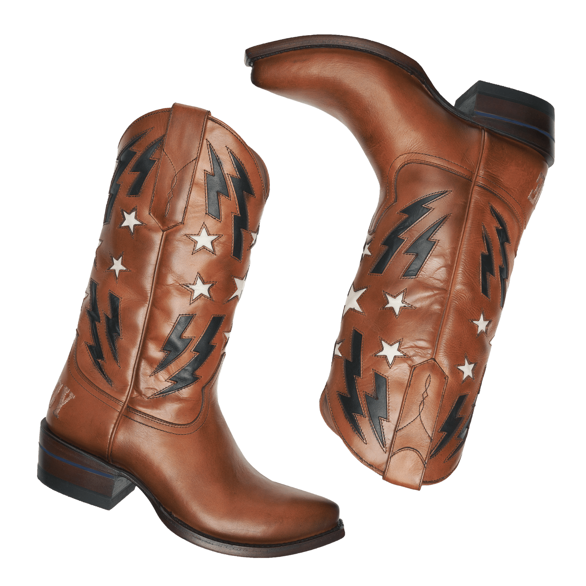 Pair of brown cowboy boots with star-and-lightning stitching and low block heel
