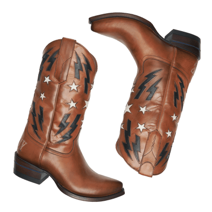 Pair of brown cowboy boots with star-and-lightning stitching and low block heel