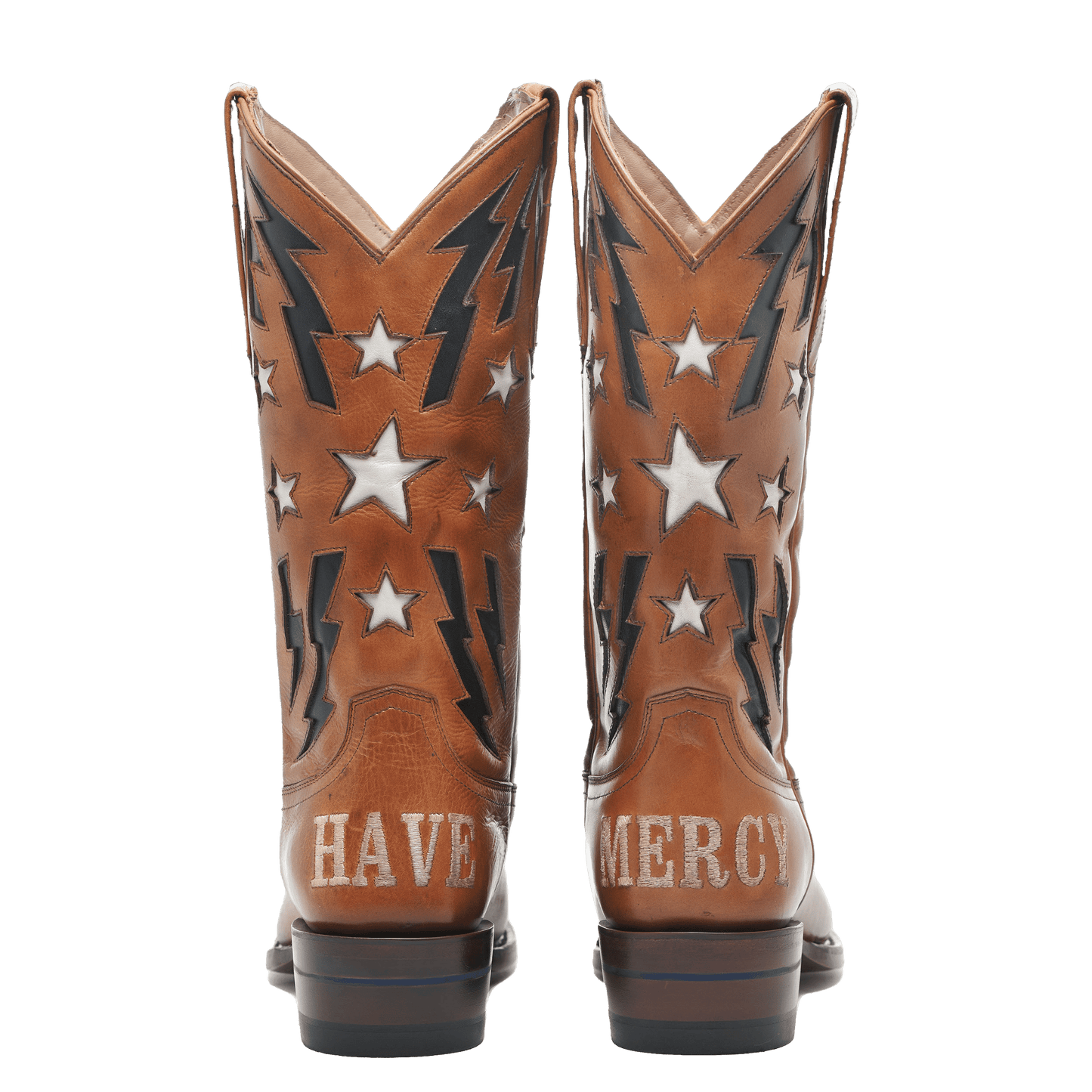 THE BFG II cowboy boots, tan leather with star and lightning graphics and HAVIES text