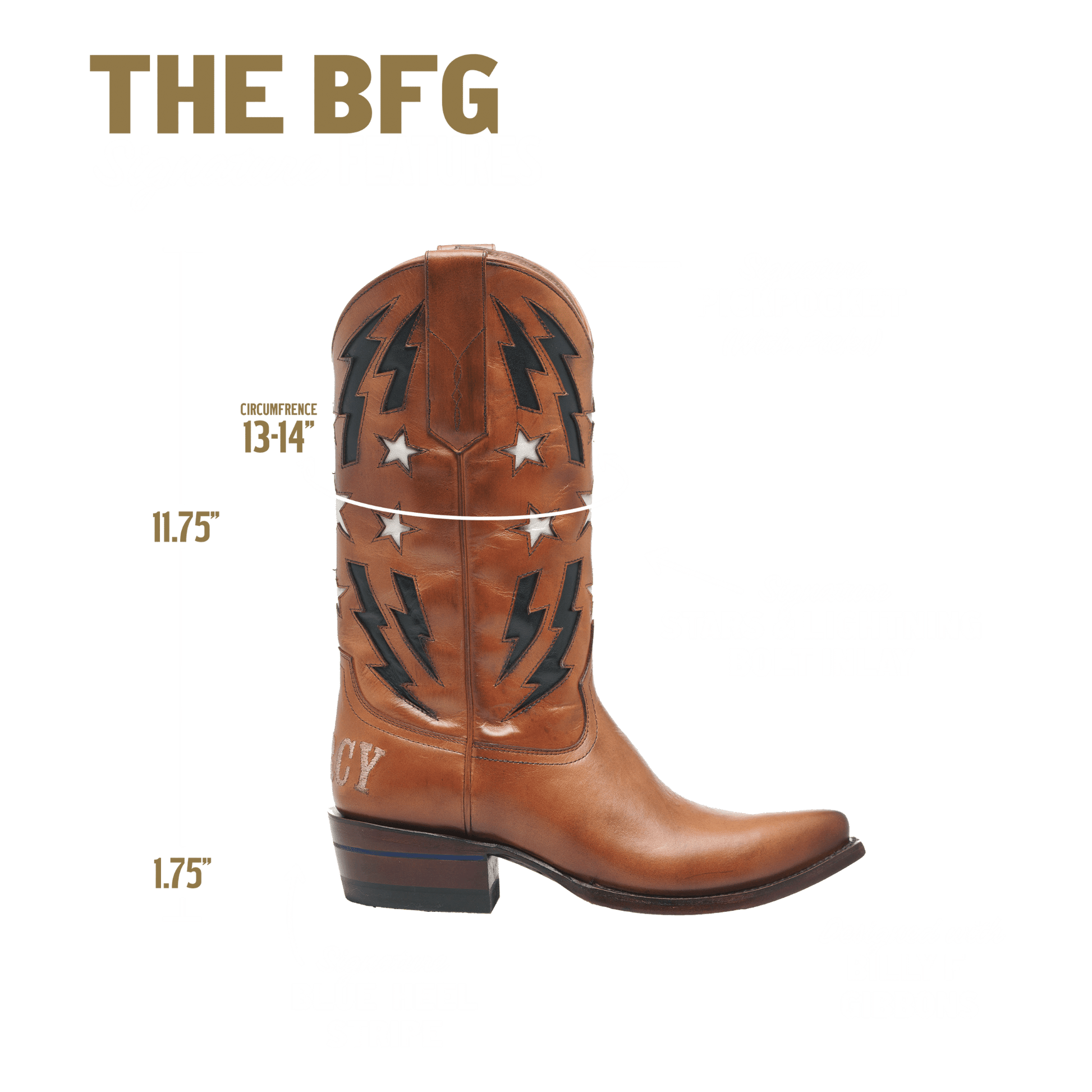 THE BFG II western boots, tan with lightning and star graphics (diagram view)