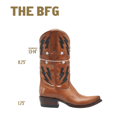 THE BFG II western boots, tan with lightning and star graphics (diagram view)