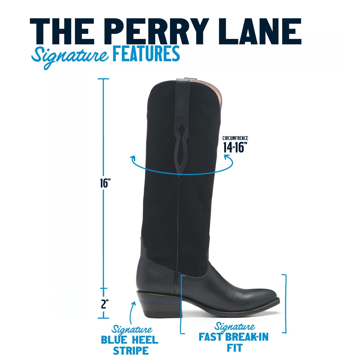 Black cowboy boot diagram with blue heel stripe and fast-fit pull design.