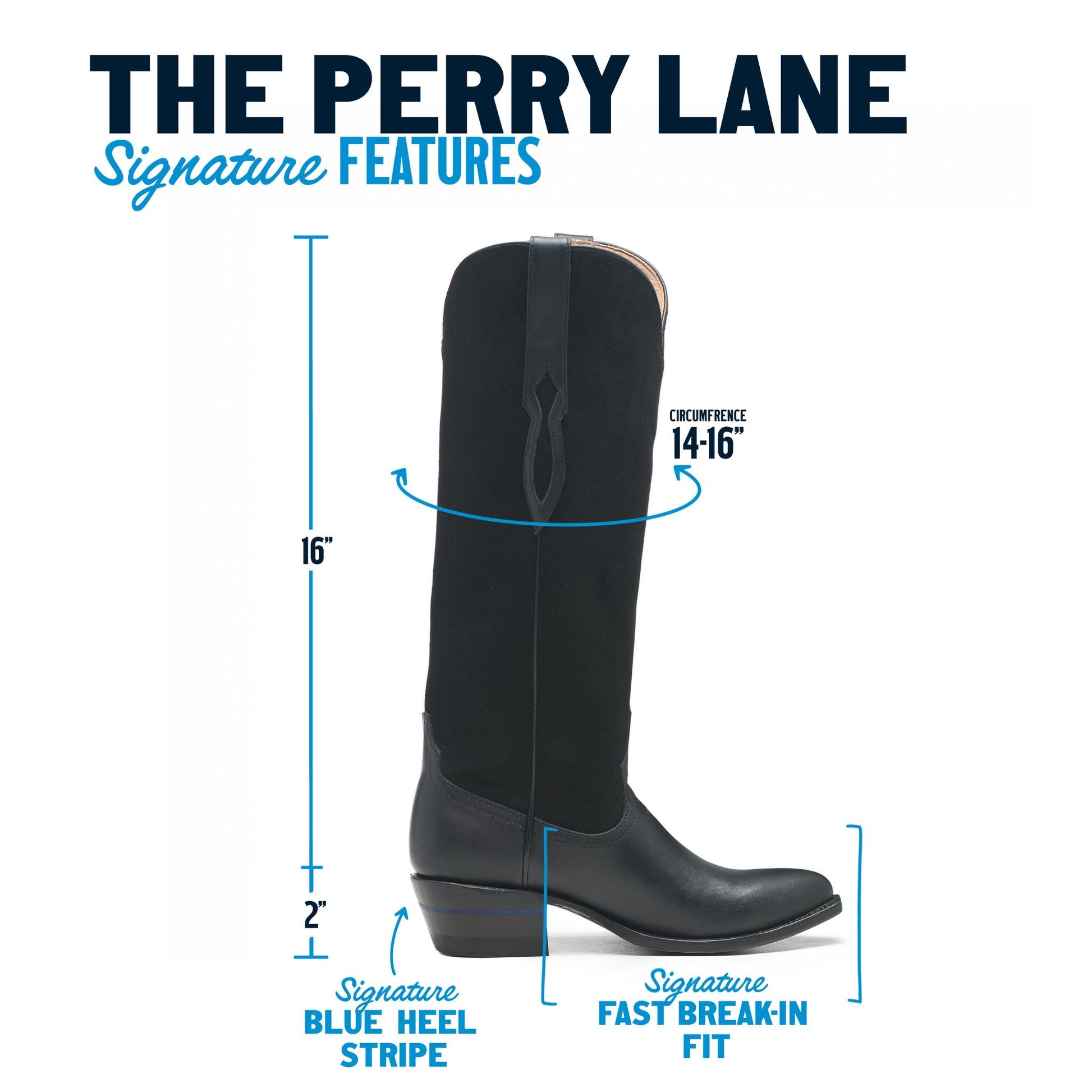 Black cowboy boot diagram with blue heel stripe and fast-fit pull design.