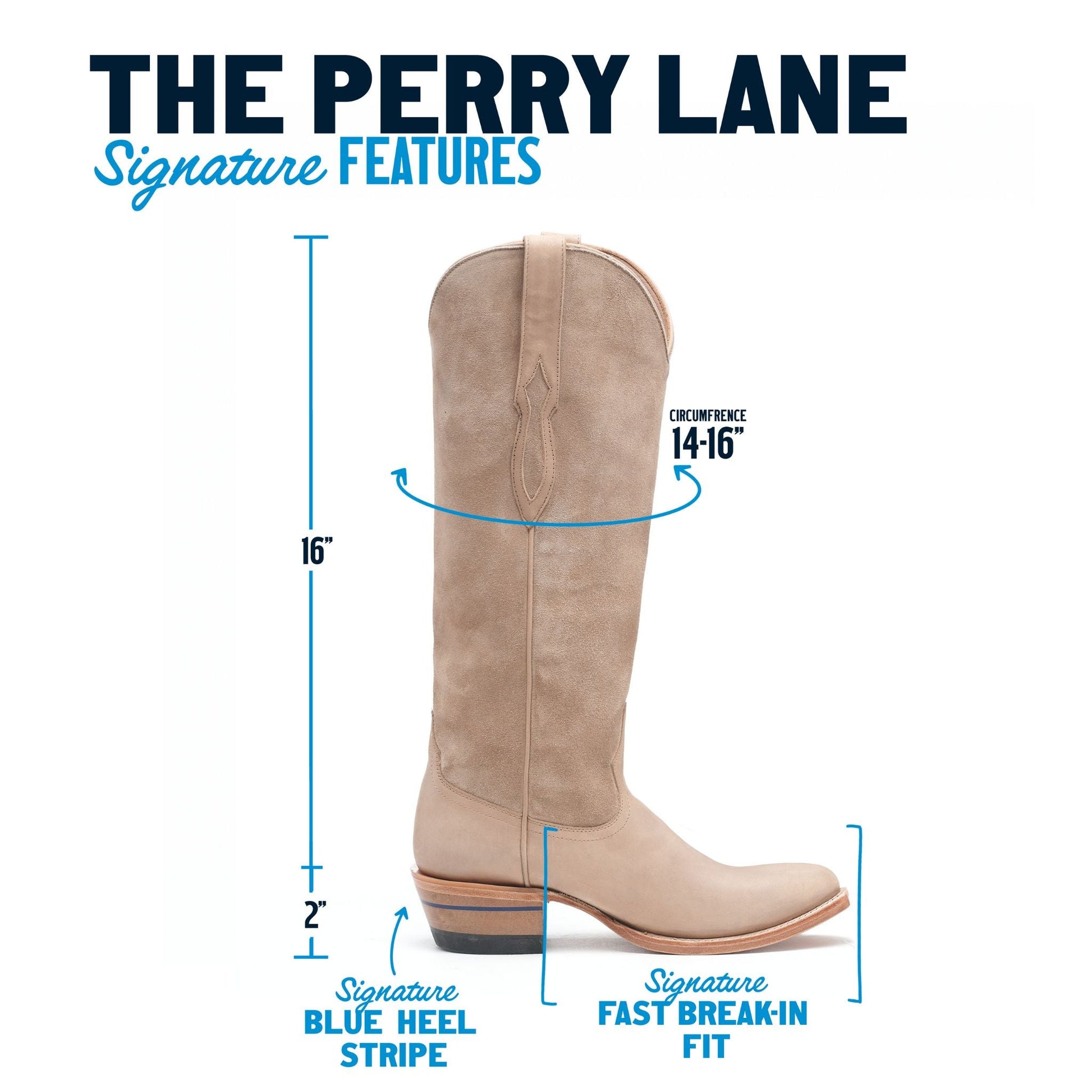 Tan suede knee-high cowboy boot with panel seams and stitched toe