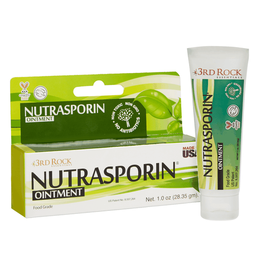 Nutrasporin ointment box and silver gel tube, green leaf graphics and white label