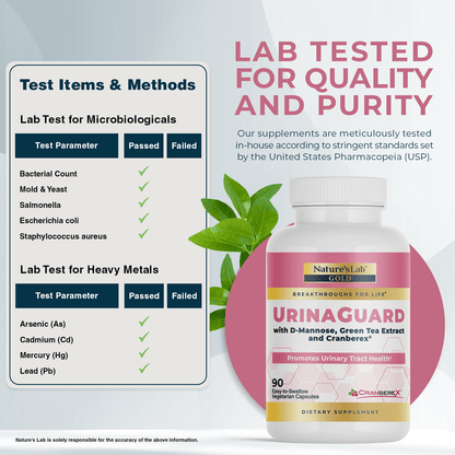 UrinaGuard dietary supplement bottle with magenta-and-gold label and green tea accents