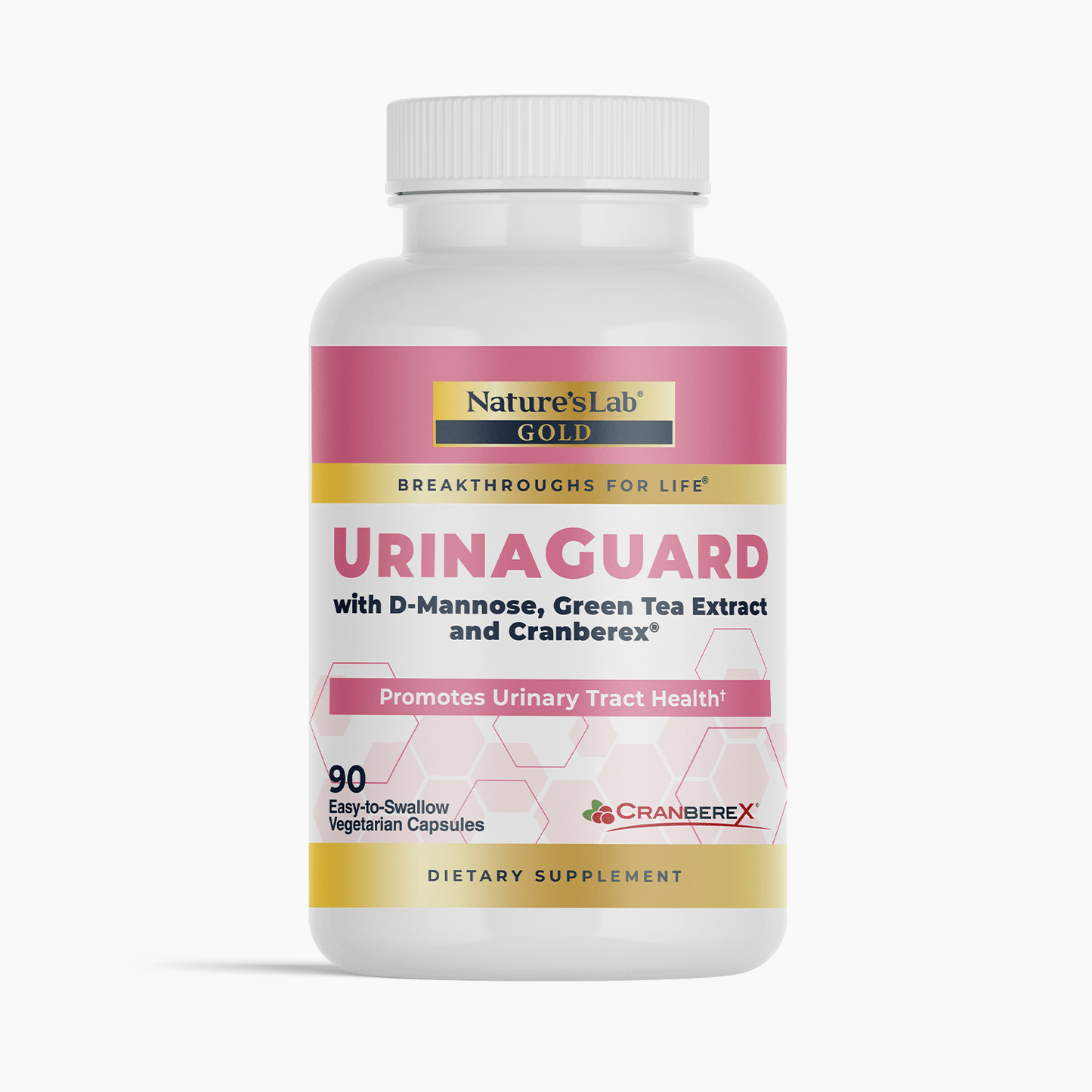 UrinaGuard dietary supplement bottle with magenta-and-gold label, 90 easy-to-swallow capsules