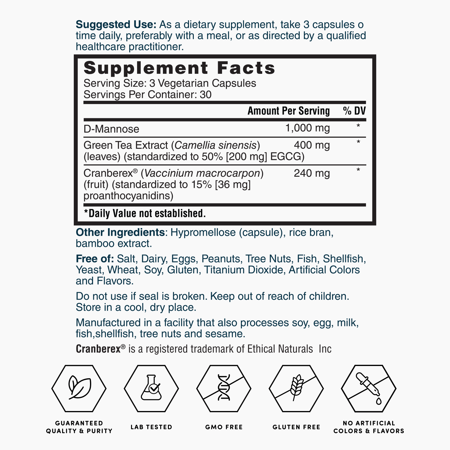 Supplement Facts panel for a vegetarian capsules supplement, serving size 3 capsules